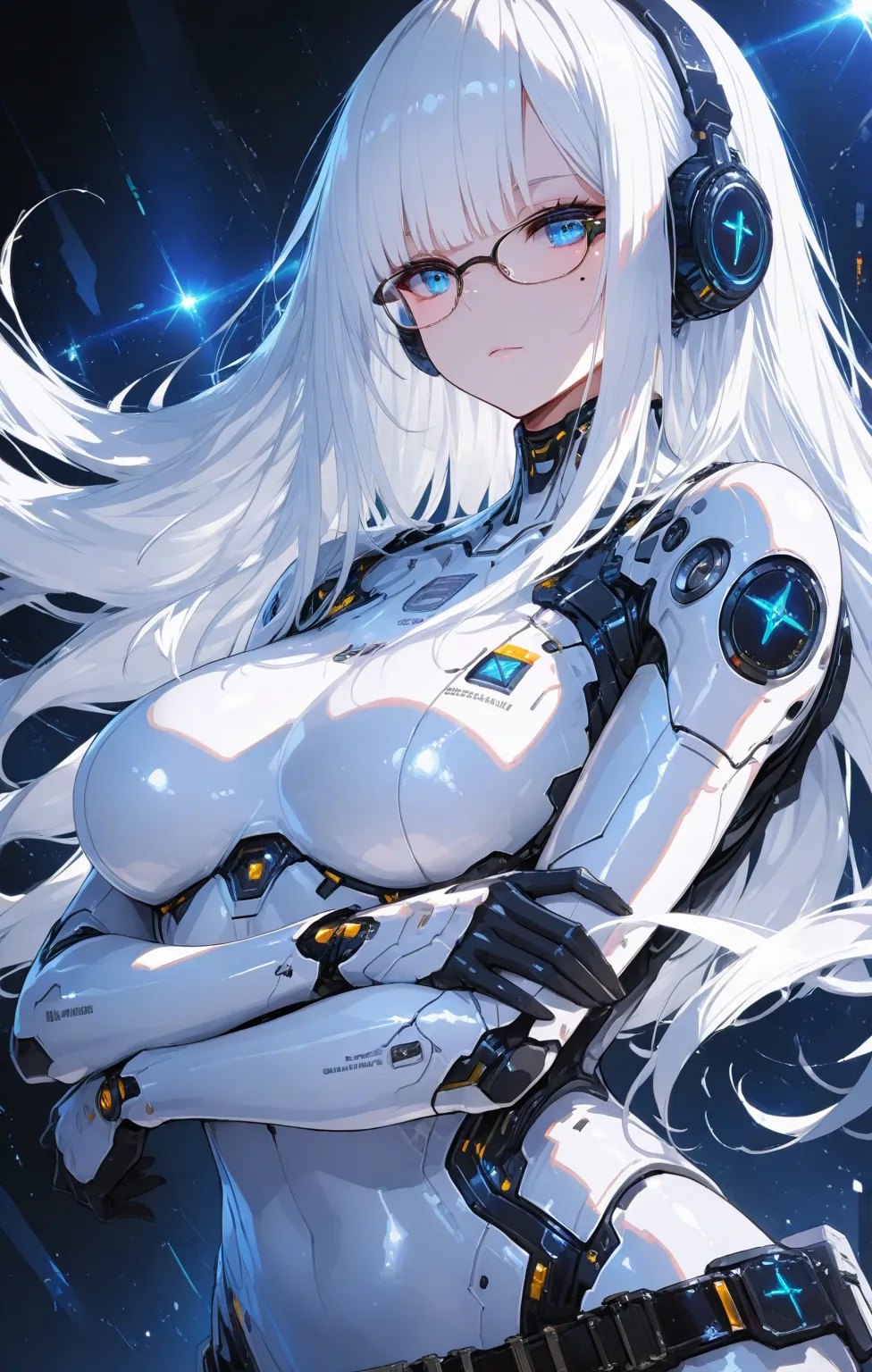 beautiful face, best quality, ultra high resnatural light, shiny skin, detailed skin, detailed face, detailed eyes, beautiful lady, white hair, straight hair, floating hair, big hair, mole under eye, bespectacled, headphones, A scene from a science fiction...