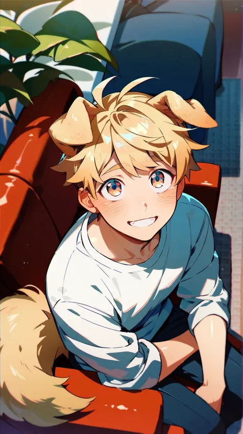 Man, dog ears, big shiny eyes, blush, bangs, tail, blonde hair, couch, sitting, looking up, smiling, blushing, wearing shirt