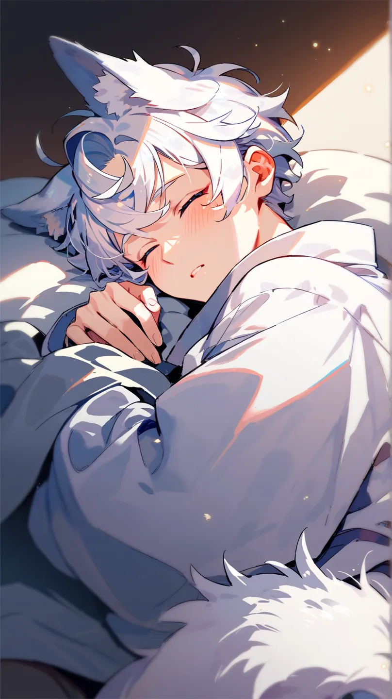 , dog ears, big shiny eyes, blush, bangs, oversized shirt, tail, white hair, curled up, sleeping, clutching blanket, innocent