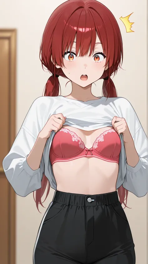 twin tails、small breasts、 Chest Valley、red surprised face、Someone else can lift your shirt、 looking at me、 bra、 pants