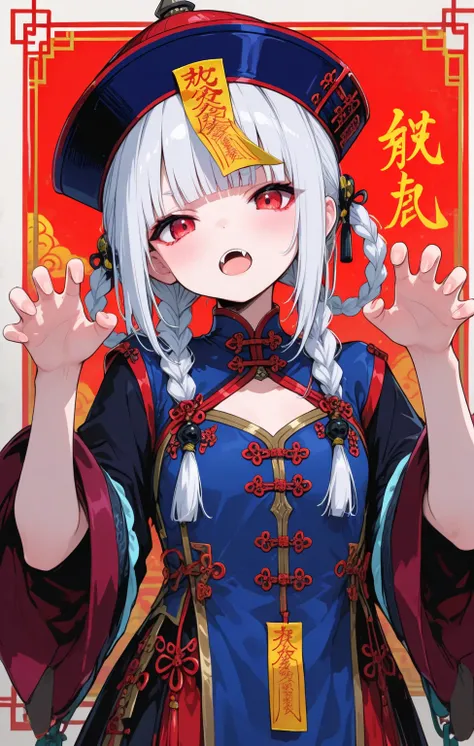 A cute young jiangshi girl, solo, with twin braids and blunt bangs framing her red eyes. She wears a qingdai guanmao adorned with an ofuda and traditional Chinese clothing. Her small fangs are bared as she strikes a claw pose. 