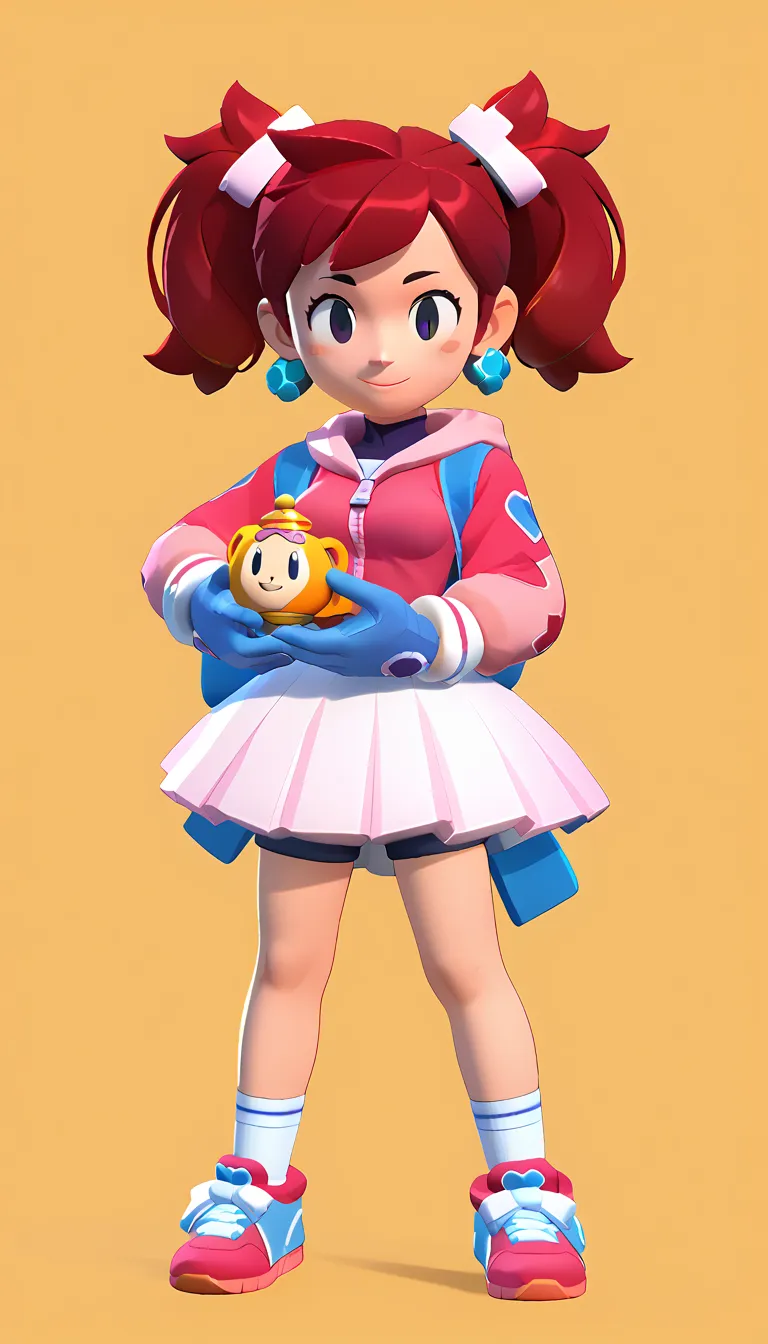 best quality, masterpiece, highres, detailed, digital artwork, SayakaYumi, mini twintails hair, red hair, black eyes, big head, blue gloves, pink hoodie, white skirt, shorts under skirt, ready to battle, blush, white socks with a pink stripe, orange tennis...