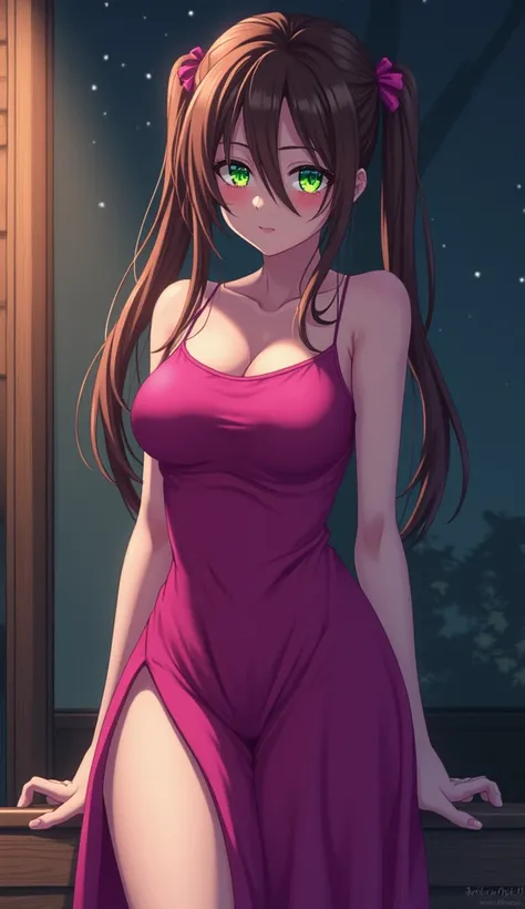  Long brown pigtails,    covering the right eye   , neon green eyes  , mujer adulta, chica,

  beautiful anime girl ,  full body

Fitted fuchsia long dress, opening in one leg   , border ,  strapless ,  Bare legs,   black high heels

Thick thighs ,  ass,  ...