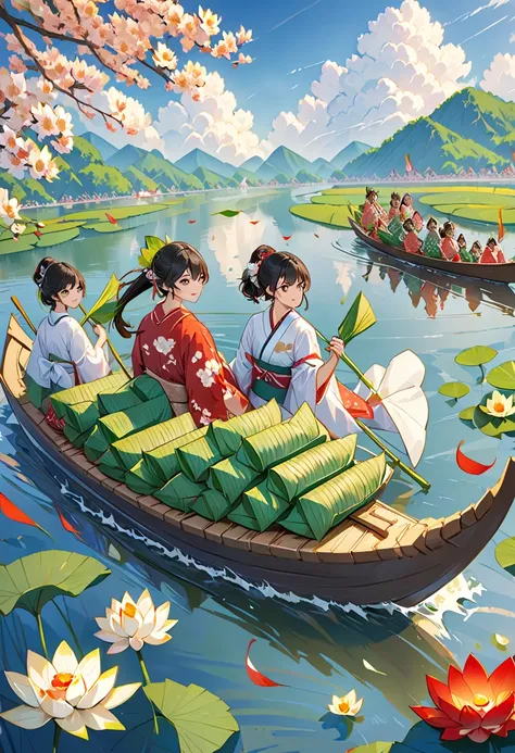   Dragon Boat Festival  ,  There are 3 ren on the surface of the water wearing kimonos riding a dragon boat,  There are delicious rice dumplings on the boat , green zongzi are very detailed,  TOP QUALITY ,  There are lotus leaves on the surface of the wate...