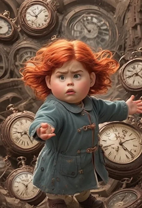 masterpiece. Time travel, with multiple vortices that go to different periods of history intertwining and altering reality , creating time loops and different versions of a chubby red-haired girl at different times in her life,
