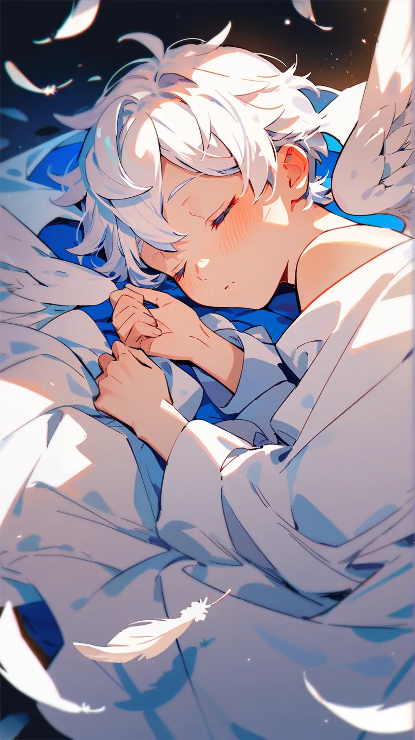 Young man, eyes closed, blush, bangs, oversized shirt, tail, white hair, curled up, sleeping, clutching blanket, innocent, angel, white wings, feathers