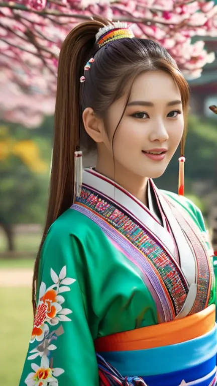 high-resolution 8K (or 9D imaginary), Medium view, THE DAYTIME SUNLIGHT SHINES THROUGH THE SHARP DETAILS OF THE 21-YEAR-OLD, JAPANESE-KOREAN HALFSKIN, WHITE OVAL FACE, FLABBY SKIN, LONG, LIGHT BROWN HAIR IN A HIGH PONYTAIL, BEAUTIFULLY EMBELLISHED WITH HAI...