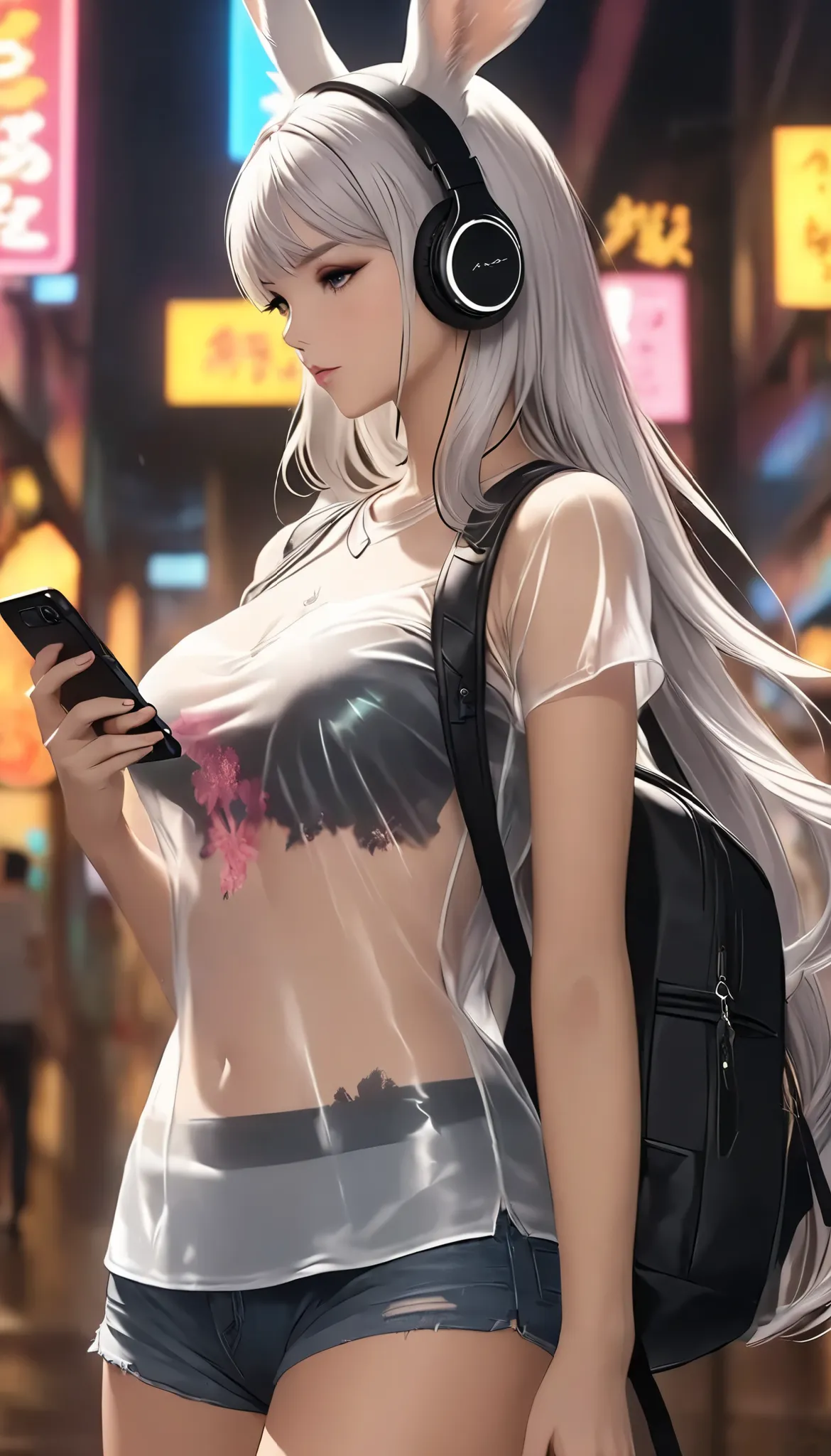 TOP QUALITY、 Award-winning work 、32K, A busty Viera girl wearing headphones and a backpack is looking at her phone,  transparent shirt, transparent nipples, Anime Style 4 k, Alice x. open,   digital animation art , Nightcore,  Digital Animated Illustration...