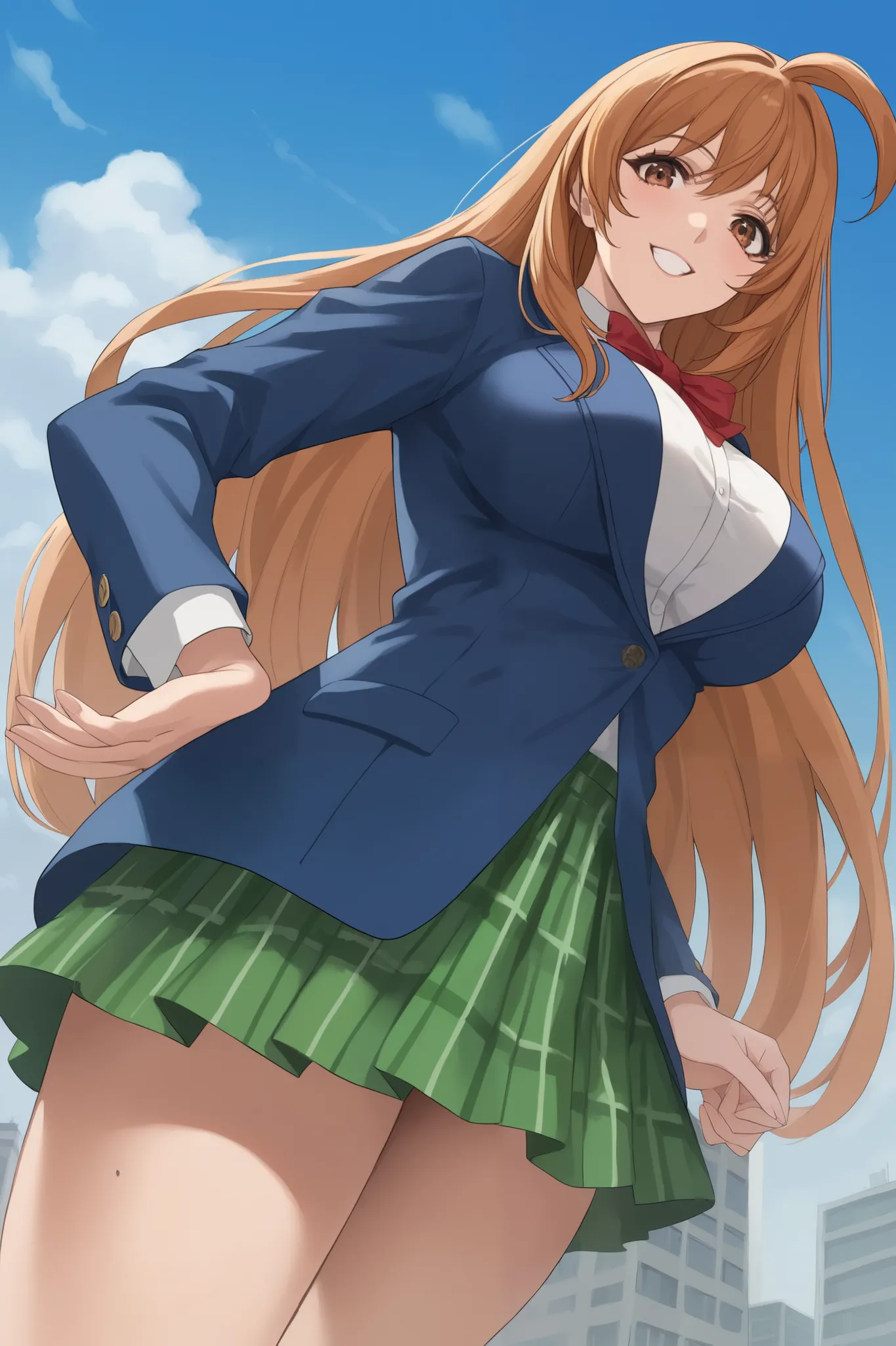 best quality,masterpiece,looking at viewer,absurdres,1girl,score_9,score_8_up,score_7_up,source_anime BREAK natsume aya,orange hair,long hair,brown eyes,ahoge,breasts,white ,skirt,bow,plaid,large breasts,jacket, plaid, green plaid skirt, blue blazer, stand...