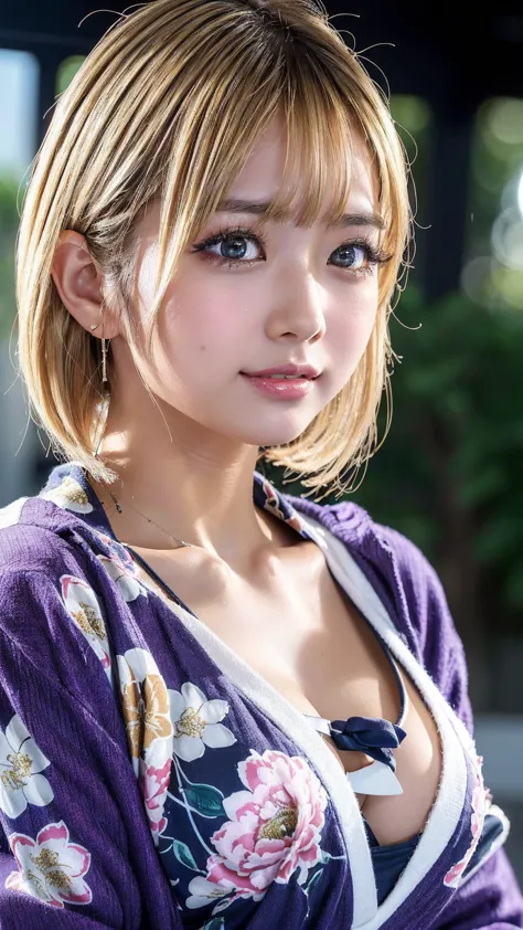 ((masterpiece, TOP QUALITY, high resolution, Ultra Fine)),  Japanese high school girl,( by Nomi:1.5)、 smiles、great face、closed mouth、 sharp mouth、Glossy Lips 、short hair,(Beautiful blonde:1.5)、Floral Yukata、 Long Sleeve、textured skin、big breasts、 captivati...