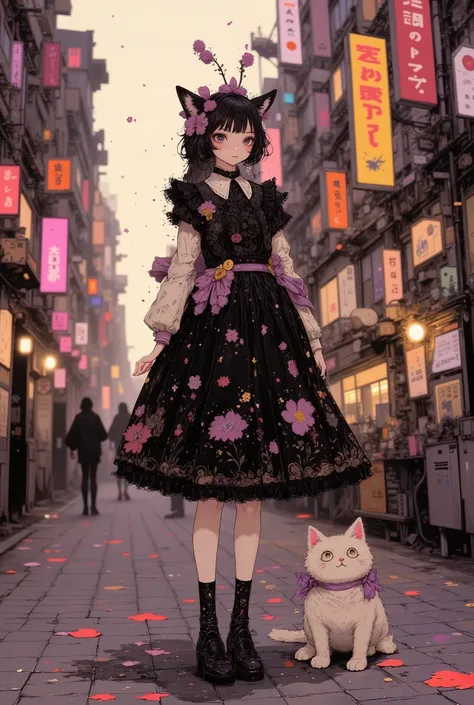 (High Definition, masterpiece, Accurate, top quality, High Definition model, high detail, (((The textures are soft))), ((matte and toy-like with a handmade premium look)), (((Tim Burton style))), A girl walking with a cat on the streets of Shibuya, best qu...