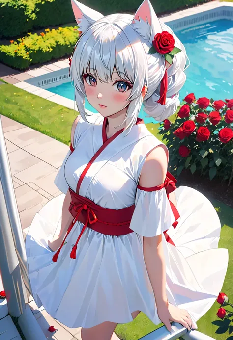  wearing a white dress 、There is a woman with red roses in her hair, anime  cosplay, anime girl  cosplay,  cosplay photo, mixing anime style and Fujifilm,  cosplay, White-haired goddess,   beautiful fox woman  ,  cosplayer, White cat girl, Girl Silver Hair...