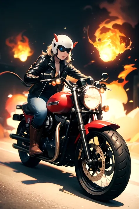 girl with leather outfit. leather jacket, leather pants, motorbike gloves. heavy boots.
With a helmet and demon horns

ghost rider, chains, leather jackets, Harley motorbikes, fire, Akira Kazama