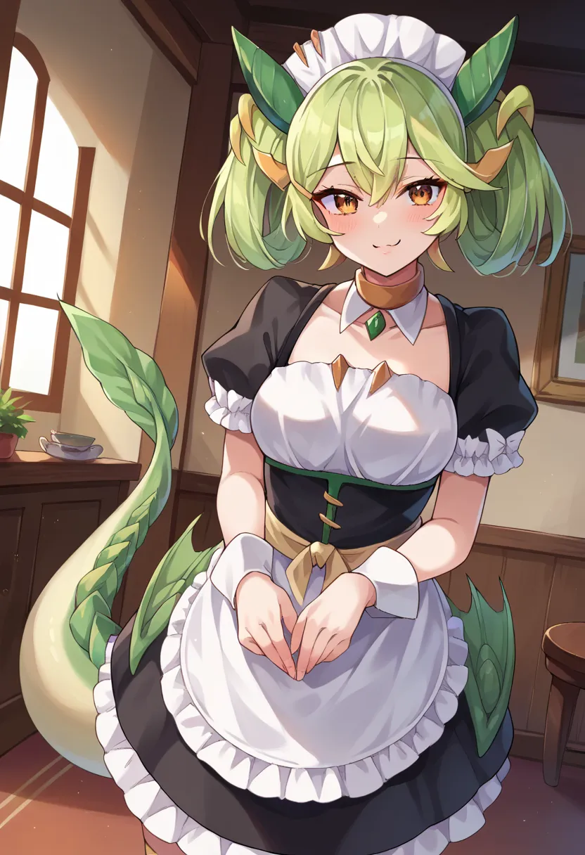  score_9,  score_8_up,  score_7_up,  source_Anime,
parlordragonMaid, parlor dragonMaid,  Dragon Girl ,  green hair, brown eyes on the frame, dragon Tail,
Cutout in Clothing,  dress, frilled  dress, frills, Maid, Tail,
indoors,
viewers, cowboy in the parlor...