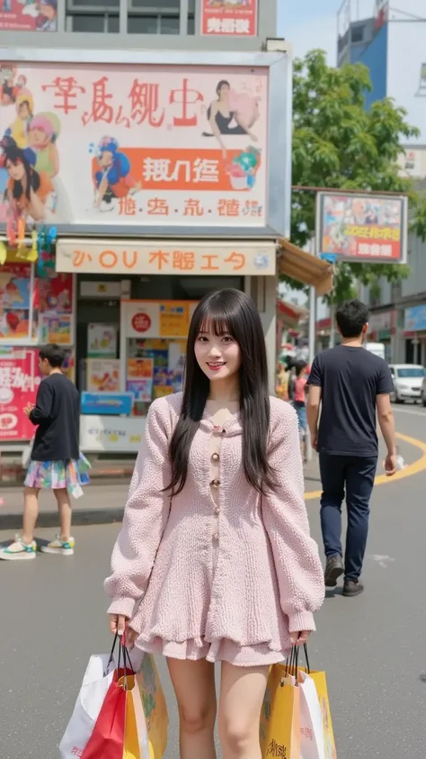 "A cute young Japanese woman walking on a Tokyo street corner, carrying shopping bags. She is wearing a stylish casual outfit, such as a cozy sweater and a skirt, with trendy accessories. The background showcases Tokyo’s urban atmosphere with neon signs, b...