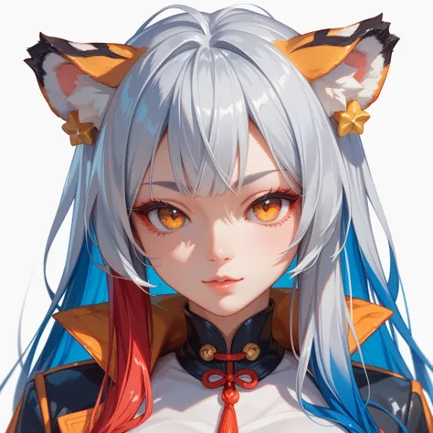 HD model, Ultra HD, Long hair,dark blue hair, colored inner hair, silver hair, red hair,Kemonomimi mode , tiger ears, Yellow Eyes,orange eyes,