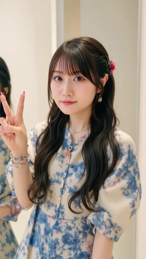 A cute Japanese woman standing in front of a mirror, holding a smartphone in her right hand, making a peace sign with her left hand, taking a selfie

