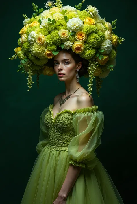 The image is a portrait of a woman with a large headpiece made of green and yellow flowers. The headpiece is made up of multiple layers of flowers, including hydrangeas, roses, and carnations. The flowers are arranged in a cascading manner, with some overl...