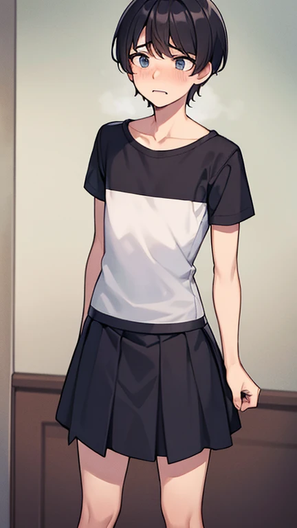 A  boy forced to wear girl clothes and forced to act like a girl by his parents, scared and sad, friends laughing at him, short hair, skirt and shirt