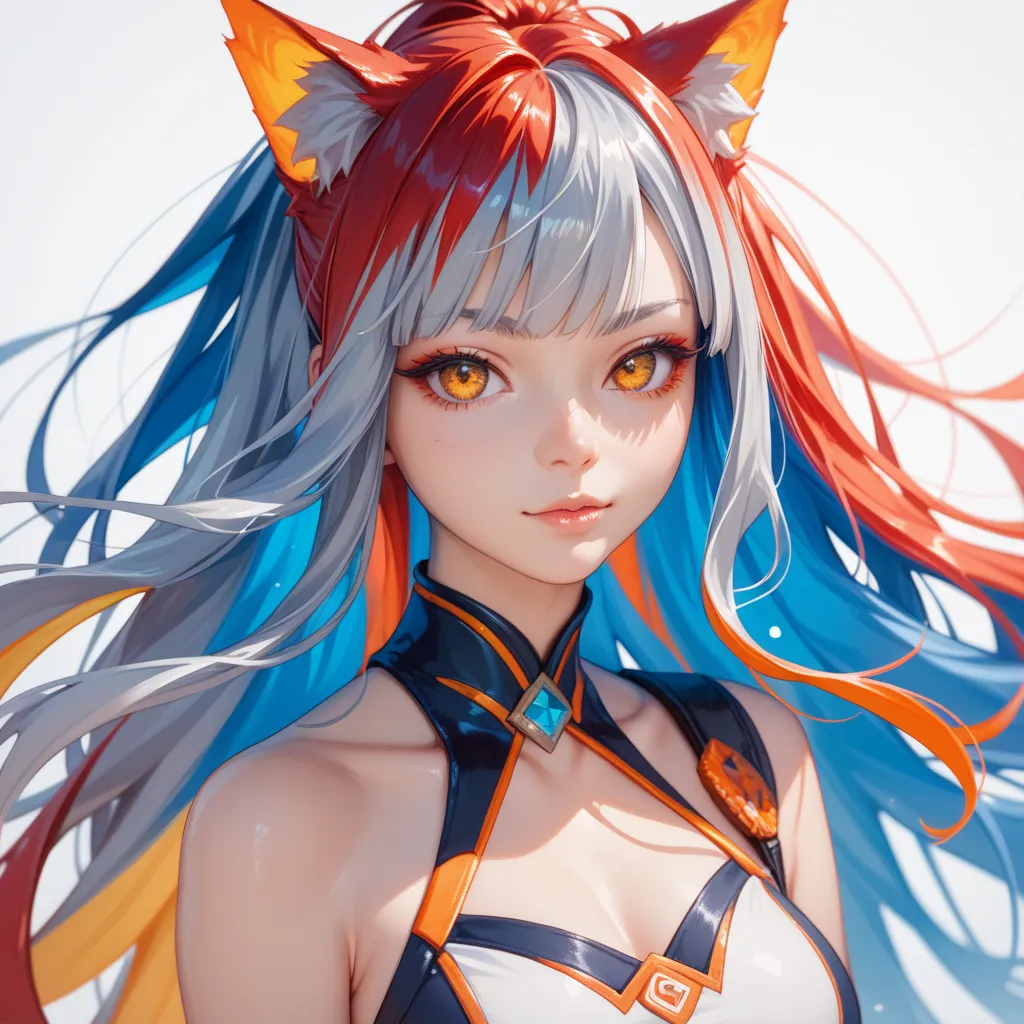 HD model, Ultra HD, Long hair,dark blue hair, colored inner hair, silver hair, red hair,Kemonomimi mode , Yellow Eyes,orange eyes,1 , Long hair, 