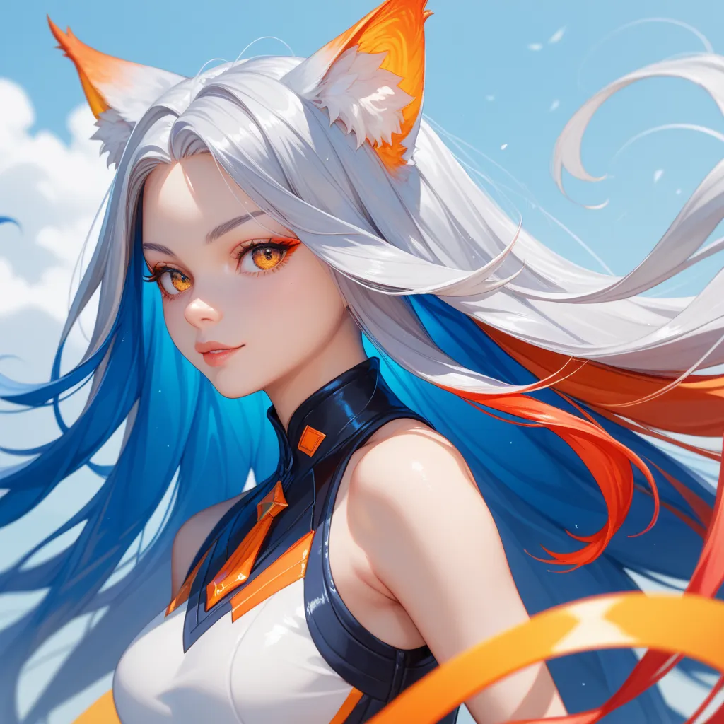 HD model, Ultra HD, Long hair,dark blue hair, colored inner hair, silver hair, red hair,Kemonomimi mode , Yellow Eyes,orange eyes,1 , Long hair, 