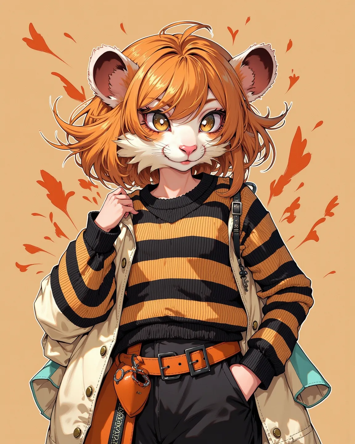 (furry hamster face:0.9), girl , (curvy:0.5), bob cut , beautiful hair over the eyes , Rodent , tight fit Vertical striped sweater , impossible clothing , (boob bag) , (erect nipple:0.9) , saggy breast , frill skirt , (spread legs:0.5) , duffel coat , coqu...