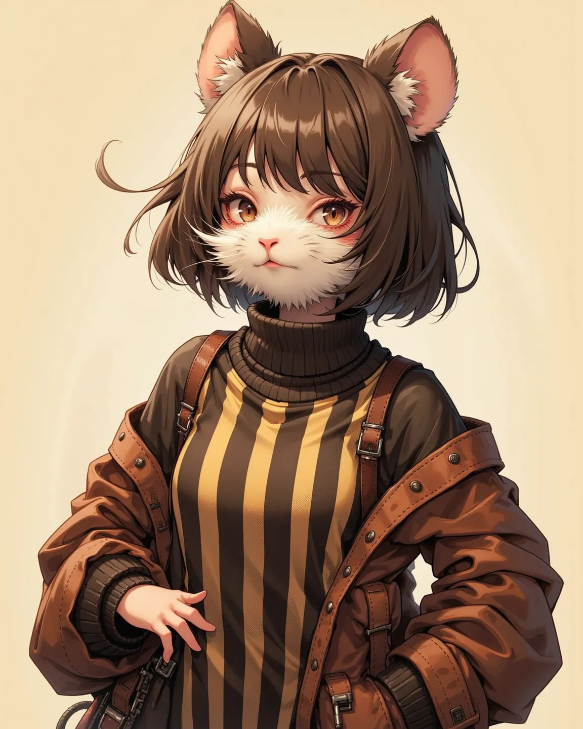 (furry hamster face:0.9), girl , (curvy:0.5), bob cut , beautiful hair over the eyes , Rodent , tight fit Vertical striped sweater , impossible clothing , (boob bag) , (erect nipple:0.9) , saggy breast , frill skirt , (spread legs:0.5) , duffel coat , coqu...