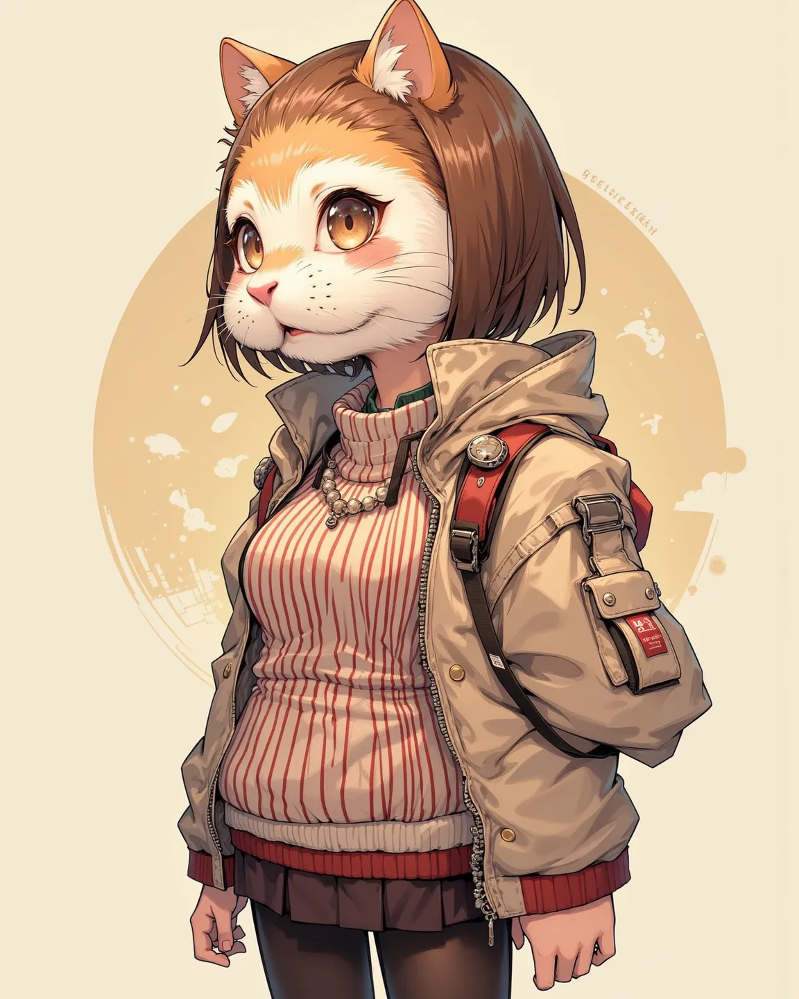 (furry hamster face:0.9), girl , (curvy:0.5), bob cut , beautiful hair over the eyes , Rodent , tight fit Vertical striped sweater , impossible clothing , (boob bag) , (erect nipple:0.9) , saggy breast , frill skirt , (spread legs:0.5) , duffel coat , coqu...