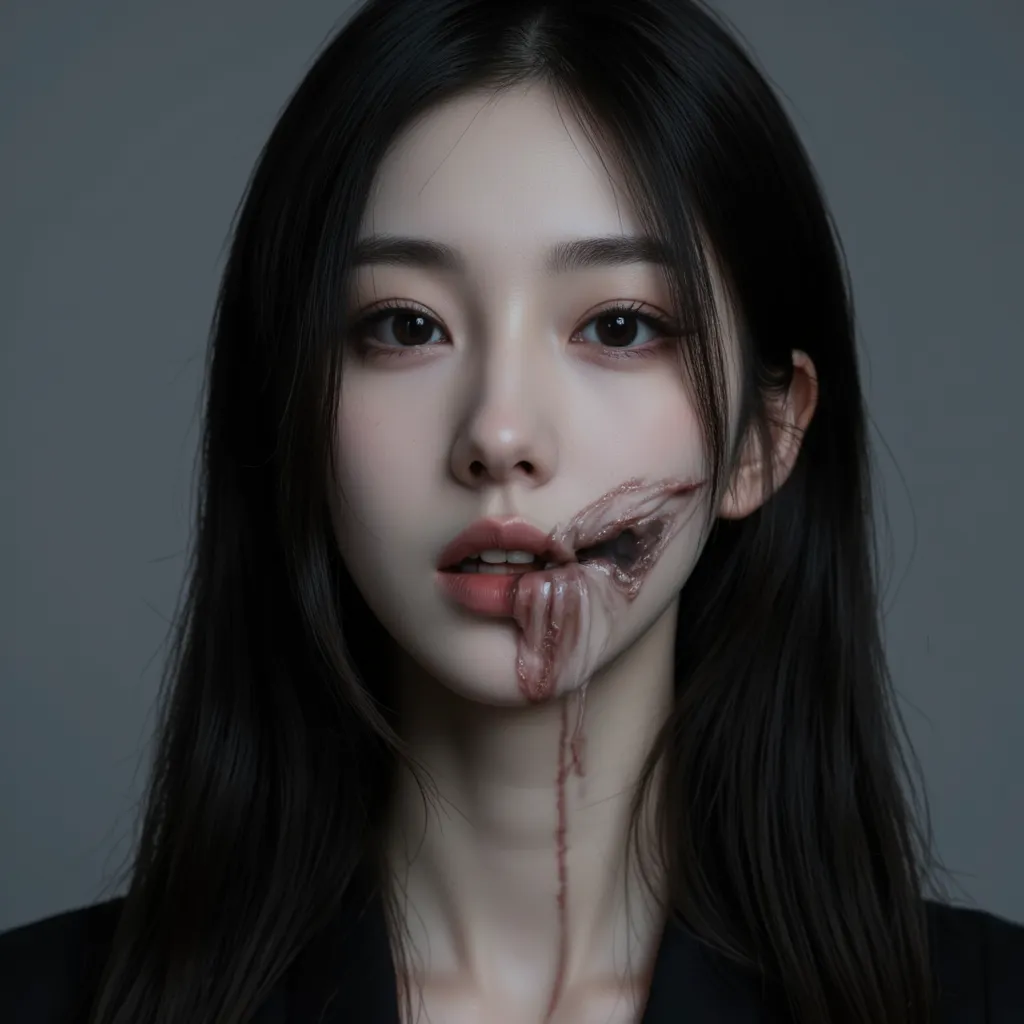  Asian, Realistic, pale gray skin tone, black hair,  black eyes, gray background, And face with bulging veins