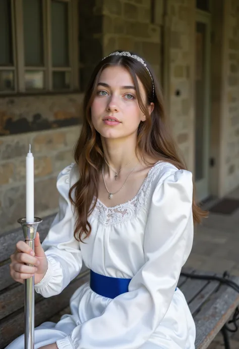 young 21-year-old German brunette altar boy ,  beautiful eyes .  long brown hair with wavy hair .    hairband   ,  necklace with cross , long white satin lace fair dress with white long satin sleeves ,  blue satin belt,  transparent lip gloss ,    green ey...