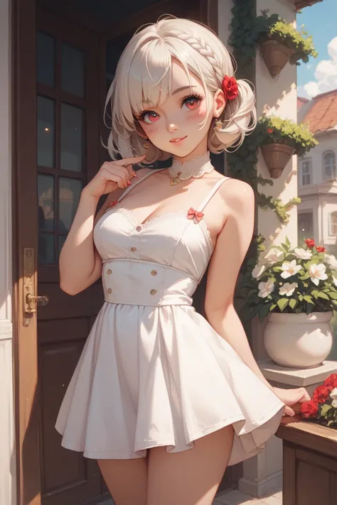 The woman in the anime is a cute white adult has blushed red cheeks and beautiful eyes She uses a white short dress she stands up and does a cute pose