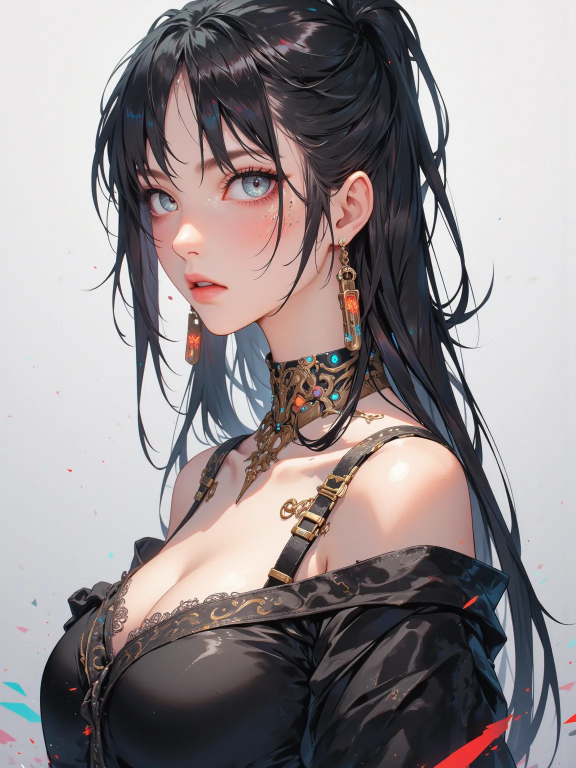 A beautiful masterpiece，showing fine detail。A girl with details Eyes and real body，wears a short-sleeved black dress， exposed shoulders ，There is a strapless design，has a very long ponytail and light blue eyes，There is a mole under the eye。This painting fo...