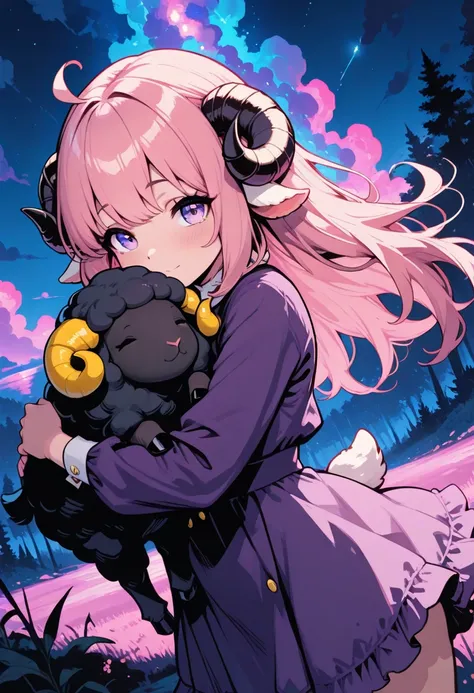 1girl,solo,purple clothing, dutch angle, night, neon cloud, pink hair,sheep girl,nature,outdoor, hug,hugging black sheep,masterpiece, best quality, amazing quality, very aesthetic, absurdres ,optimal quality,ultra detail,high quality