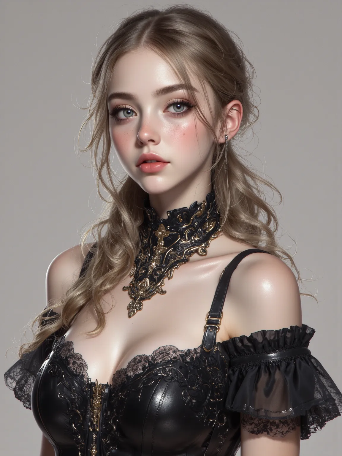 A beautiful masterpiece，showing fine detail。A girl with details Eyes and real body，wears a short-sleeved black dress， exposed shoulders ，There is a strapless design，has a very long ponytail and light blue eyes，There is a mole under the eye。This painting fo...