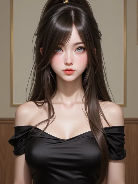 A beautiful masterpiece，showing fine detail。A girl with details Eyes and real body，wears a short-sleeved black dress， exposed shoulders ，There is a strapless design，has a very long ponytail and light blue eyes，There is a mole under the eye。This painting fo...