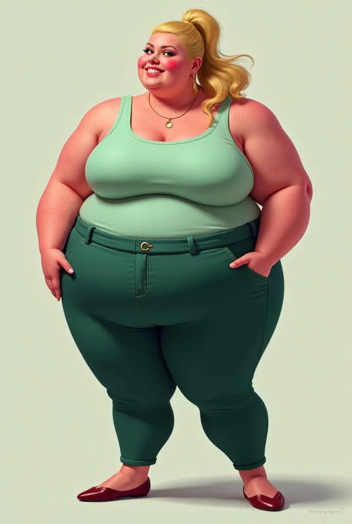 Very obese, pink lady with blonde hair in a ponytail and freckles. She wears a mint top, dark green pants, and dark red flats who is showing off her butt