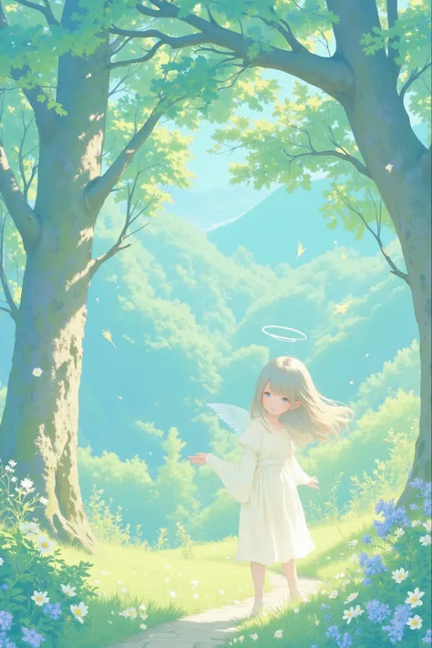 （masterpiece, best quality :1.2),cute illustration,Angel in White,she steps inside the forest the fairy lives in ,background\( beautiful forest\),flat illustration,Colorful and cute,