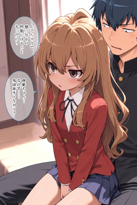 masterpiece,best quality,amazing quality,absurdres, 1girl, 1boy, aisaka taiga, toradora!, 1girl, brown eyes, hair between eyes, brown hair, long hair, oohashi high school uniform, takasu ryuuji, toradora!, 1boy, brown eyes, blue hair, long hair, sitting to...