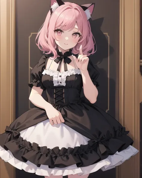 Top quality, high quality, beautiful quality with attention to detail, one girl, cute pale black dress with frills, partly pink dress, gothic lolita, cute design based on black and pink, cat ears, five fingers on hand, precise drawing of fingers, Western-s...