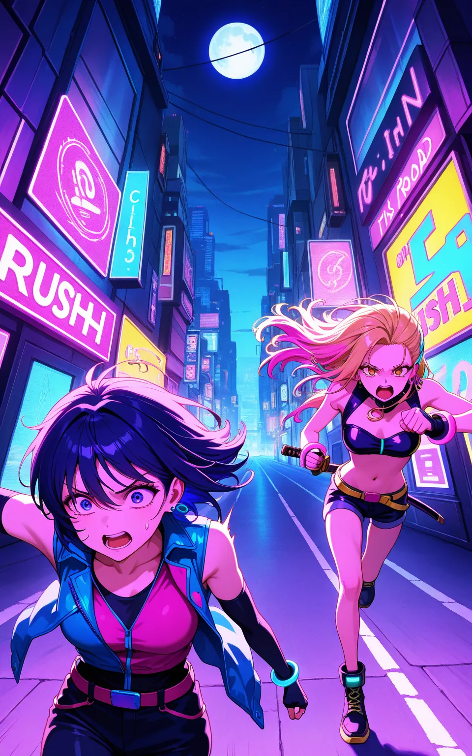 gyaru, 2 women, girls hair, slender body, running, panicking, determined, retro future, rush, cyber fashion, urban, [trash on the road:1.4], [fisheye:1.2], upper body, katana,