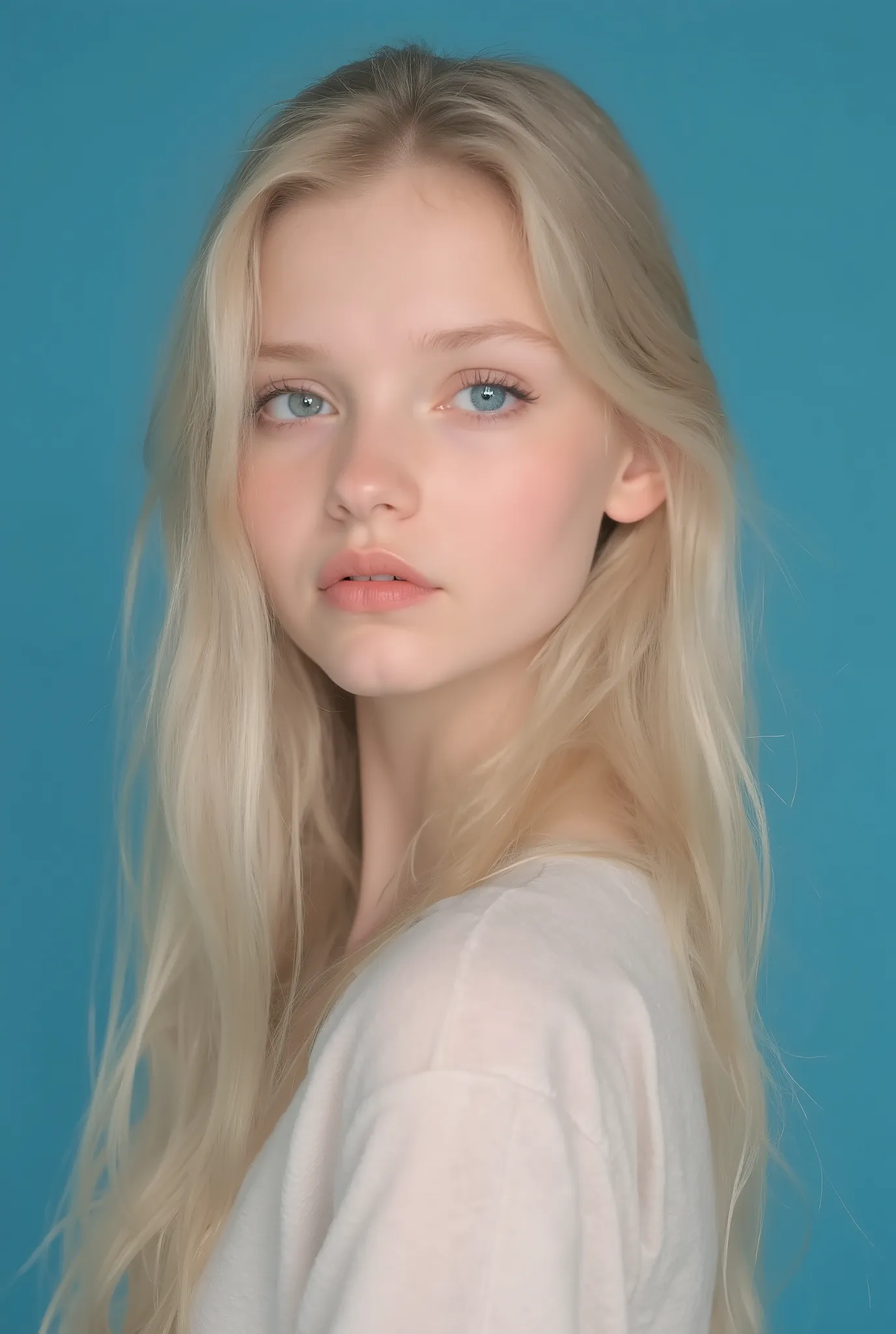 A young 18-year-old girl, Caucasian, with extremely fair skin and an angelic face. Her hair is long, very blonde, and silky, cascading gently over her shoulders. Her eyes are an intense blue (A10), bright and expressive, conveying purity and serenity. She ...