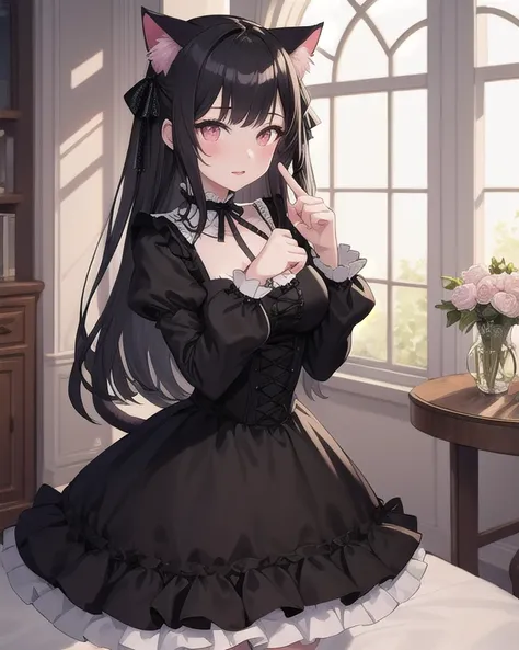 Top quality, high quality, beautiful quality with attention to detail, one girl, cute pale black and pink dress with frills, gothic lolita-like design, cat ears, five fingers, precise finger drawing, mansion-like room,