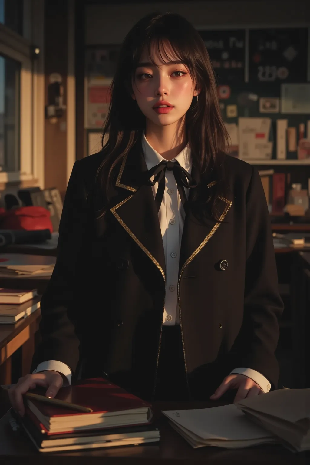  Dramatic Scenes , shadow, Global Illumination, alone,  retro female student photo :1.331,  by Nomi, Beautiful Japanese woman's face, In an old high school classroom:1.5, notebooks and writing utensils on the table, she stares at the viewer:1.331,  front v...