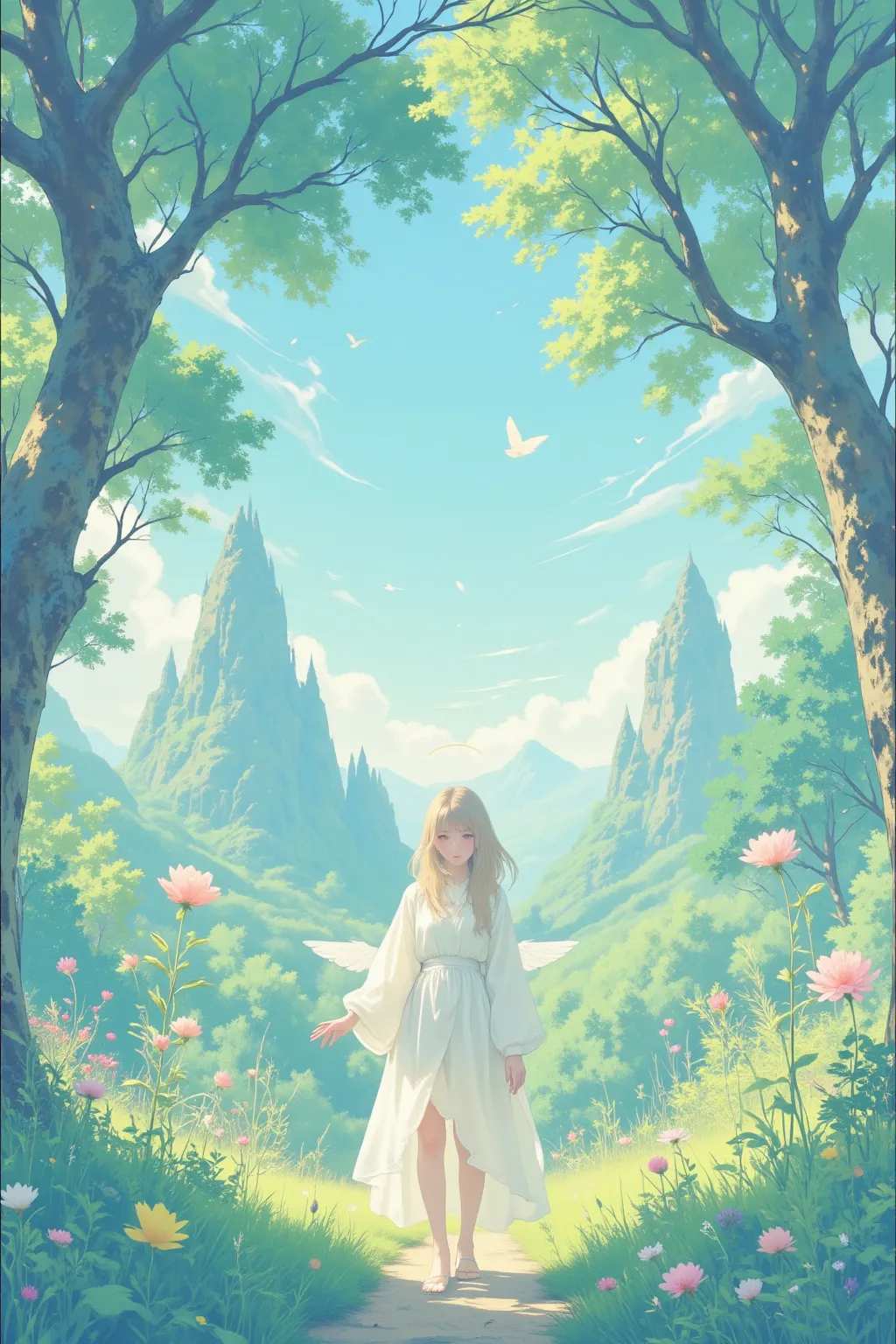 （masterpiece, best quality :1.2),cute illustration,Angel in White,she steps inside the forest the fairy lives in ,background\( beautiful forest\),flat illustration,Colorful and cute,