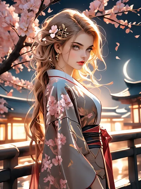 夜Weeping cherry blossoms 、Beautiful teenage girls、Retrospective beauty pose 、slender figure in line、 supple and curved proportions。
The finest silk kimono（gorgeous gold thread embroidery with cherry blossoms and auspicious patterns）、Gold-embellished hairpi...