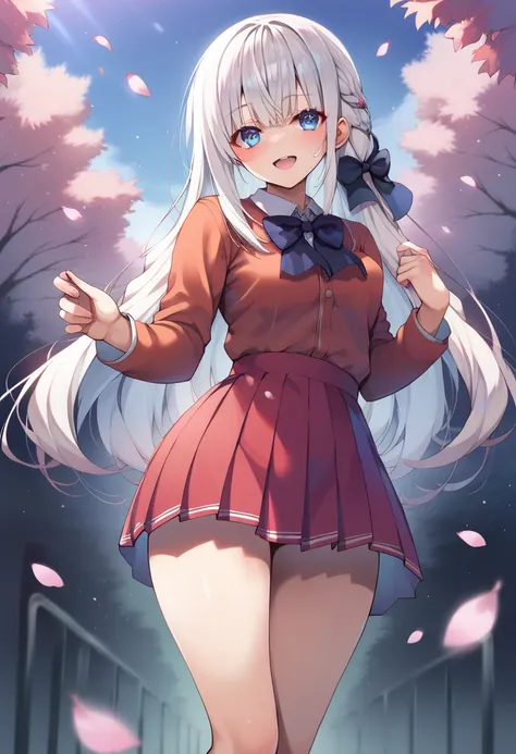  points  _9,  points  _8_go up  ,  points  _7_go up  , source  _anime, 1 girl, bangs, white hair,blue eyes, blush ,ribbon,big bow behind the hair , breasts,  , Young girl, long hair,  to look at the viewer, multicolored hair, open mouth,red school uniform,...