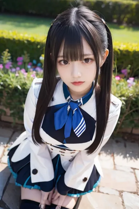 like an idol , long hair, straight hair , round face , bust up ,,medium breasts, masterpiece, TOP QUALITY, high resolution, lh1, hair ornaments close to the garden, thigh high socks,  long hair,  black hair, Long Sleeve, pleated skirt, blue thigh high sock...