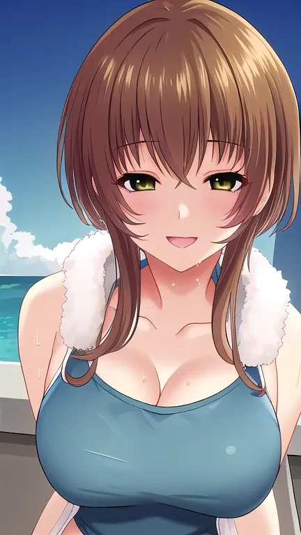   erotic、Satou Miku /Onee-san x Shuffle!、 shiny hair、brown hair pixie cut、 brown hair、Big Breasts, Chest Valley、  alone, Light Blue Swimming Suit ,Evil Background、 TOP QUALITY,  detailed face,  detailed eyes, high resolution, Smile、 dye her cheeks red、 sex...