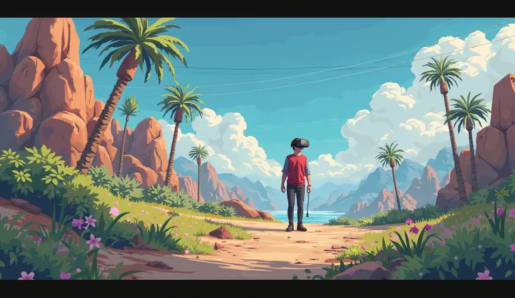  from left to right , , a visual progression from an 8-bit video game to an ultra-realistic virtual reality world.. At the end of the sequence, , a human being wearing a VR headset merges with the environment