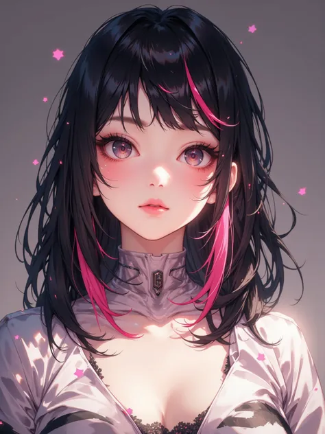 TOP QUALITY，ultra high resolution，Realistic:0.7，A single photo，shows a 22 year old girl，hair silky black and added pink highlights，straight short neck hairstyle，Bangs，Bright big eyes，Huge straight chest，sexy pink semi-closed lips，to show off delicate eye m...